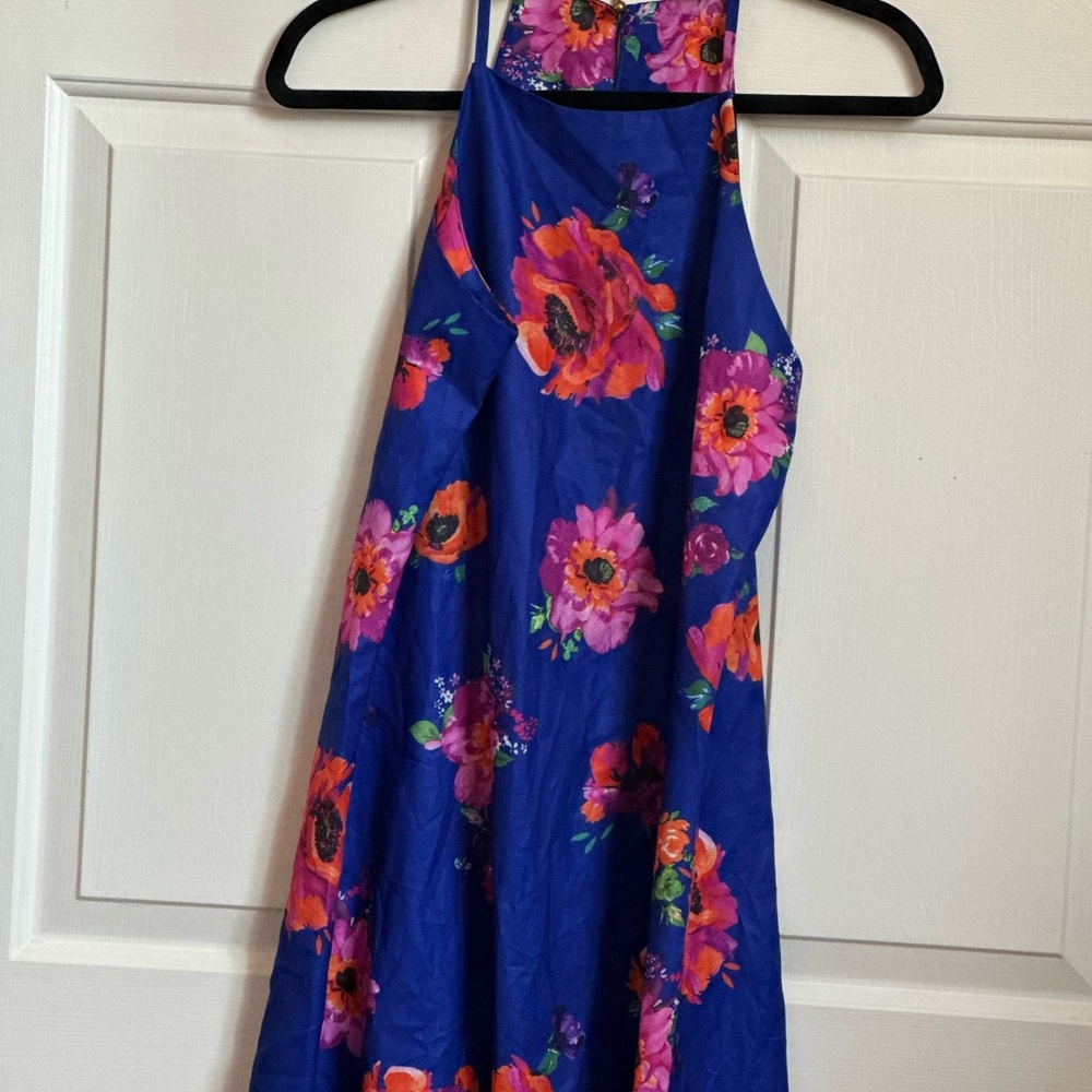 floral no sleeve dress. great beachwear material. blue and pink slip dress.